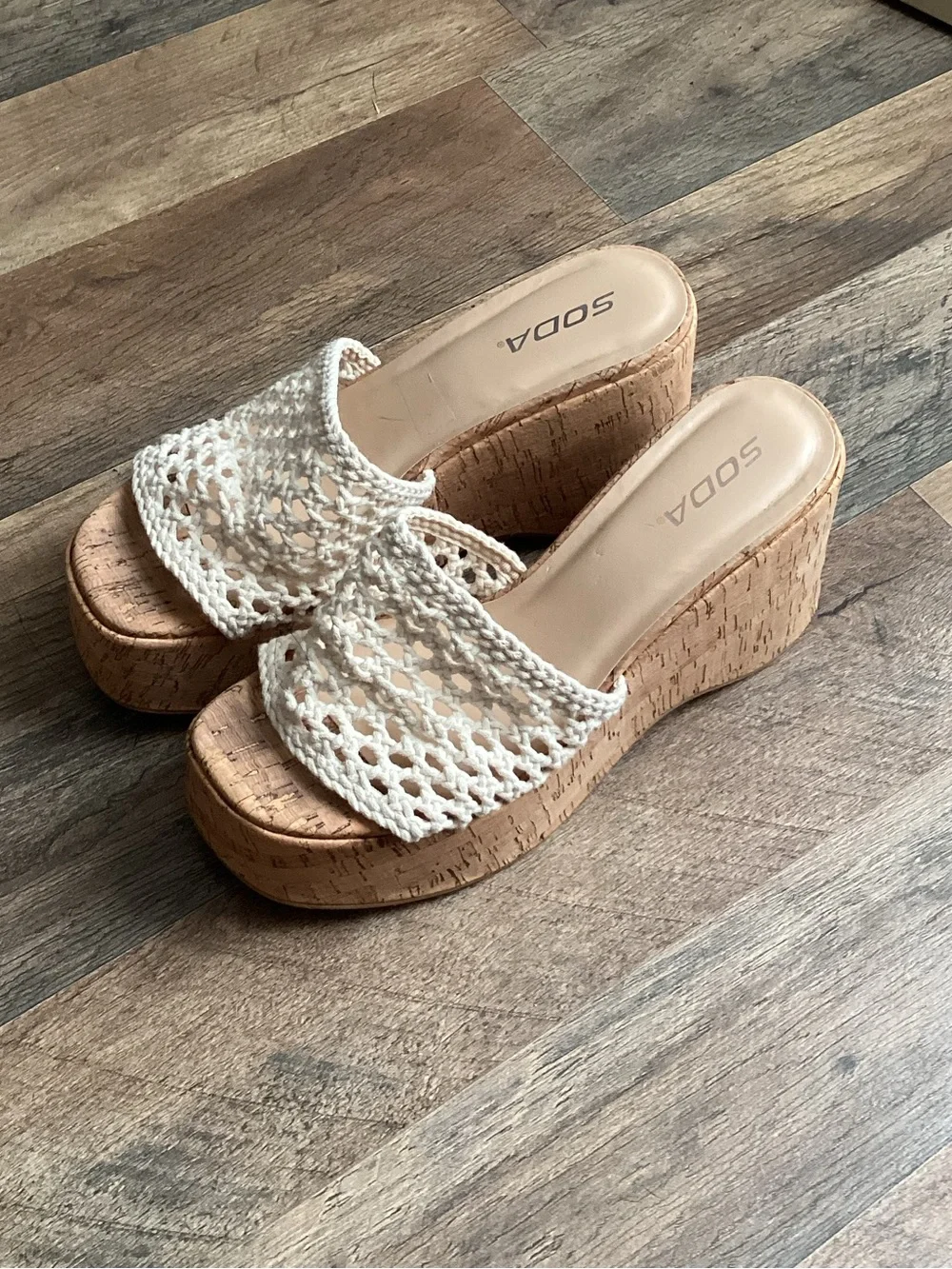 SODA Women's white Crochet Cork Platform Slide